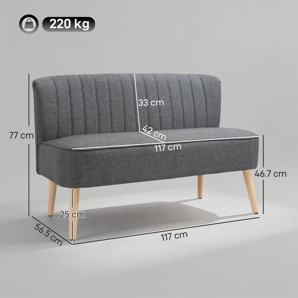 Stylish grey Loveseat Sofa with vertical tufting and wooden legs, supporting up to 220 kg