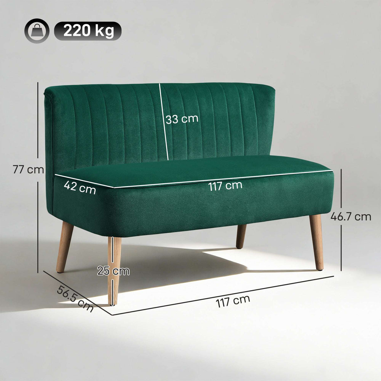 Wise Galleria Loveseat Sofa in Green with Elegant Tufted Design and Wooden Legs