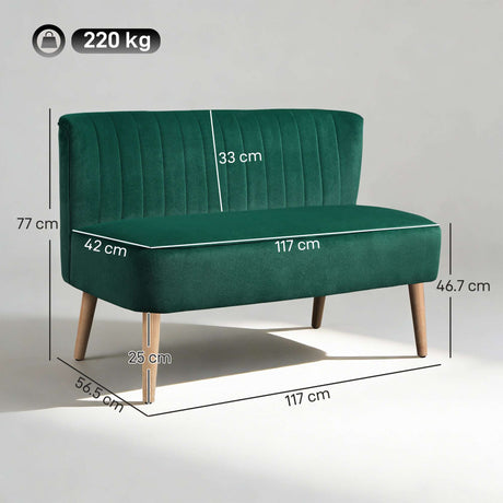 Wise Galleria Loveseat Sofa in Green with Elegant Tufted Design and Wooden Legs