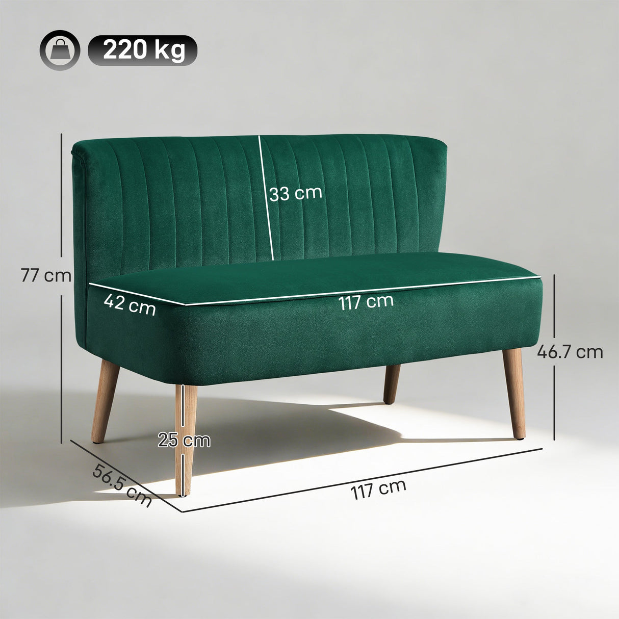 Wise Galleria Loveseat Sofa in Green with Elegant Tufted Design and Wooden Legs