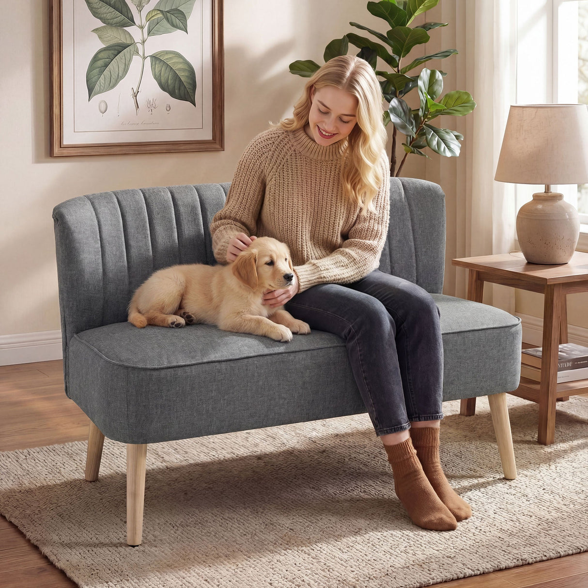 Wise Galleria Loveseat Sofa in grey fabric with curved back and wooden legs, ideal for small spaces