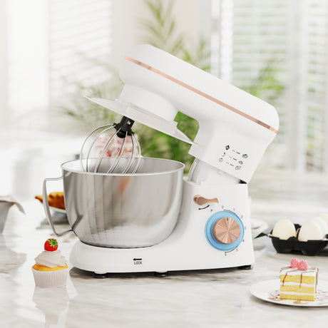 Wise Galleria Stand Mixer in white with bowl and whisk for versatile baking and cooking tasks