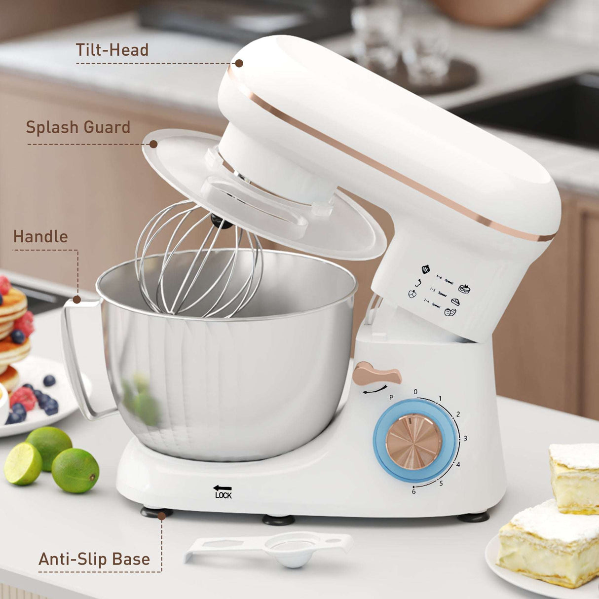 Wise Galleria Stand Mixer with a tilt-head design and splash guard, perfect for baking tasks