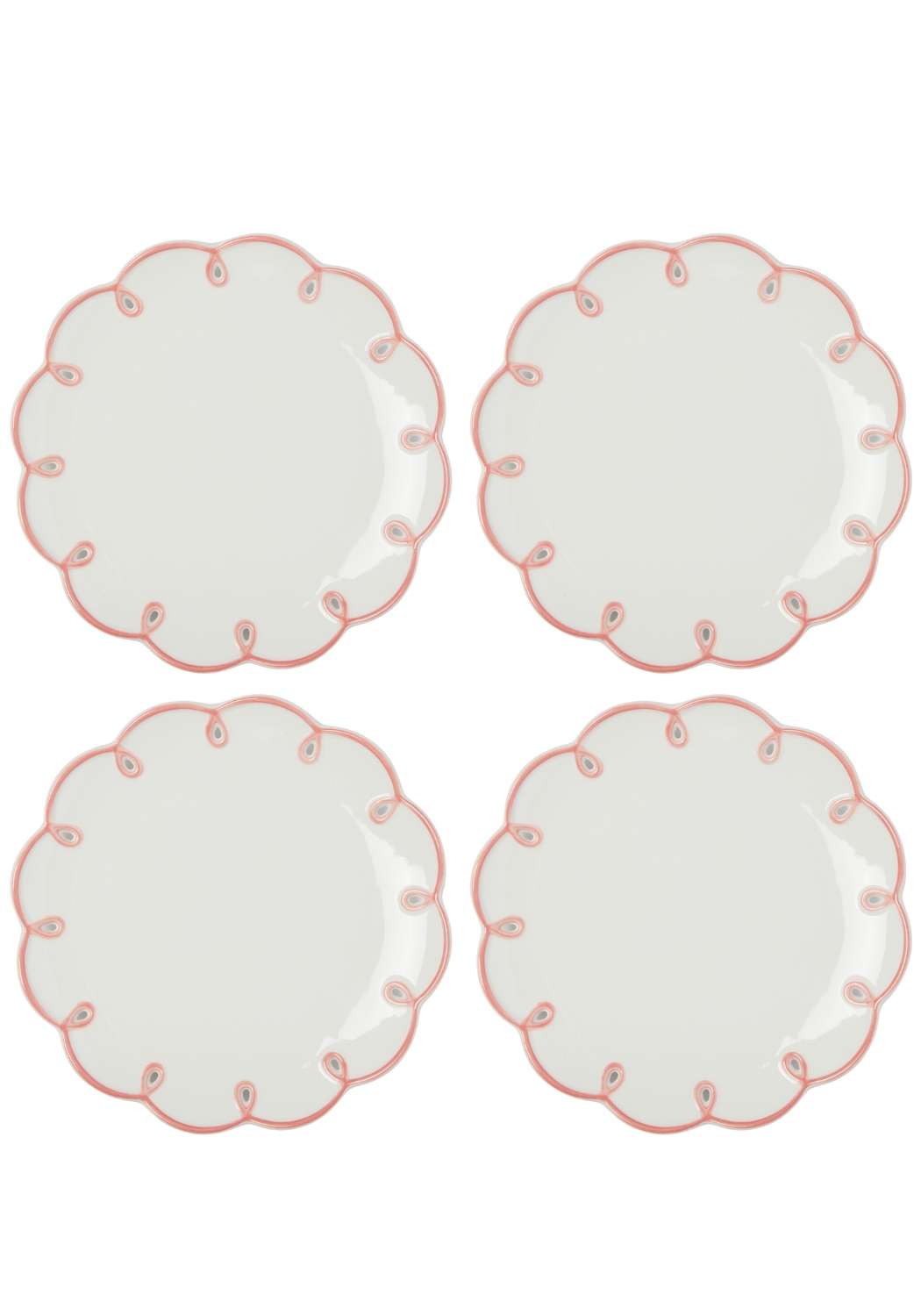 Set of four Casa by Josephine Jenno scalloped Lunch Plates in white with pink detailing