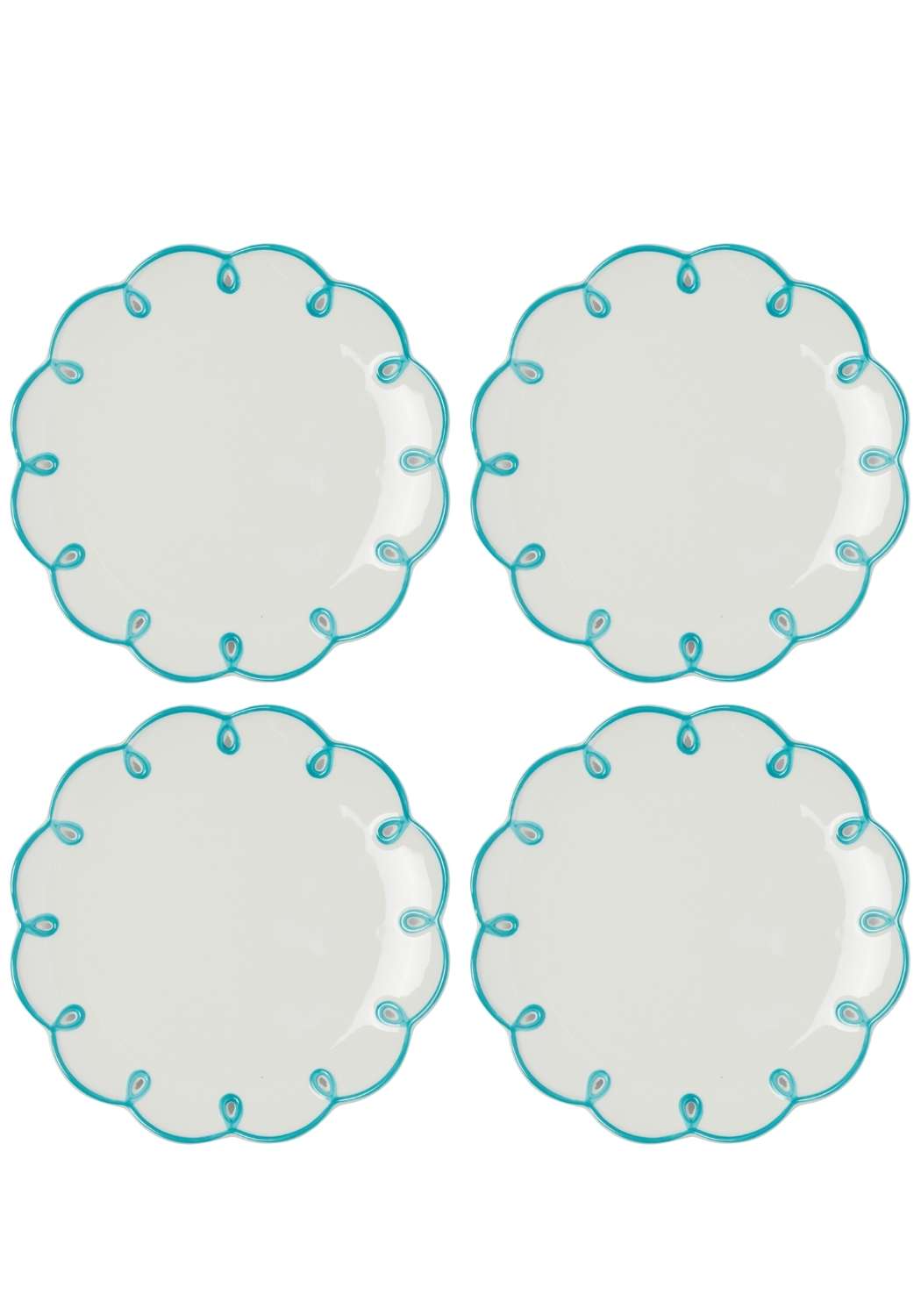 Set of four Casa by Josephine Jenno Lunch Plates with turquoise scalloped edges, perfect for serving desserts