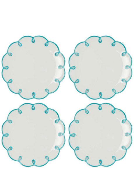 Set of four Casa by Josephine Jenno Lunch Plates with turquoise scalloped edges, perfect for serving desserts