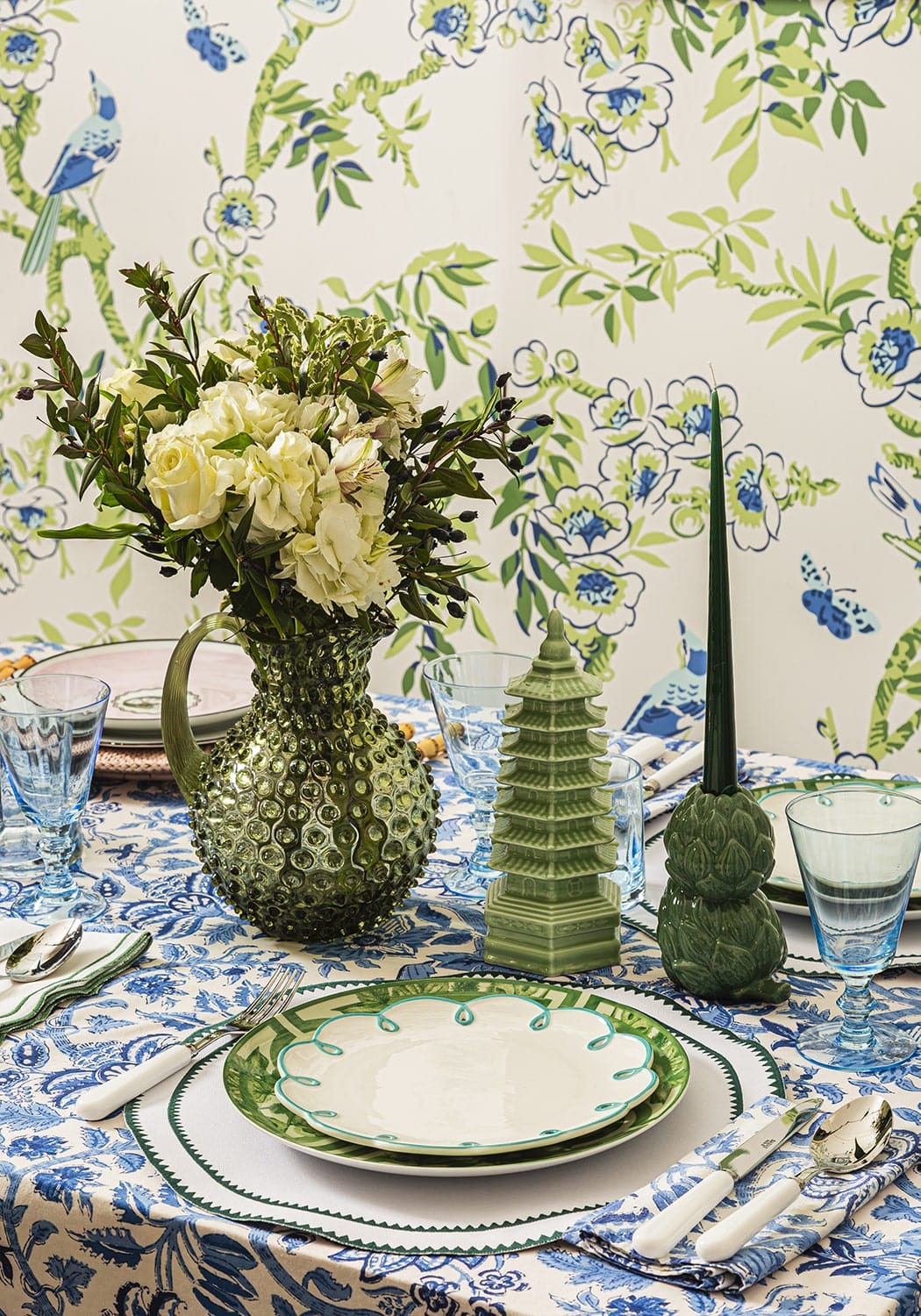 Casa by Josephine Jenno green lunch plate set on a decorative table with fresh flowers and garden-themed decor