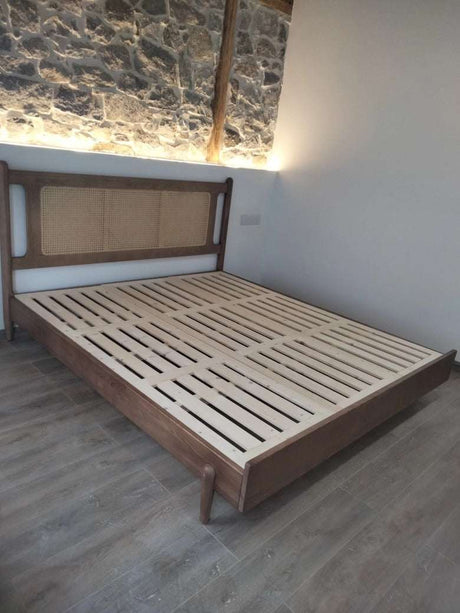 Nisu Home Luxury Bed with wooden slats and natural headboard for a modern bedroom design