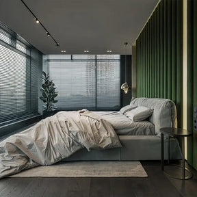 Modern Luxury Bed with Soft Bedding in a Stylish Minimalist Bedroom Design