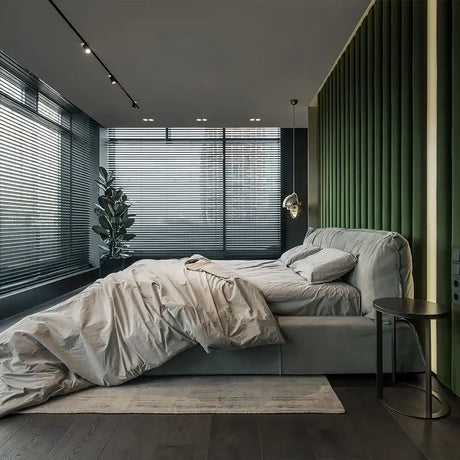 Modern Luxury Bed with Soft Bedding in a Stylish Minimalist Bedroom Design