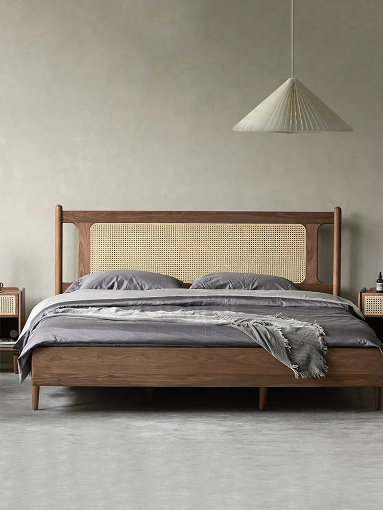 Nisu Home Luxury Bed with Cane Headboard and Natural Wood Finish for Elegant Bedrooms