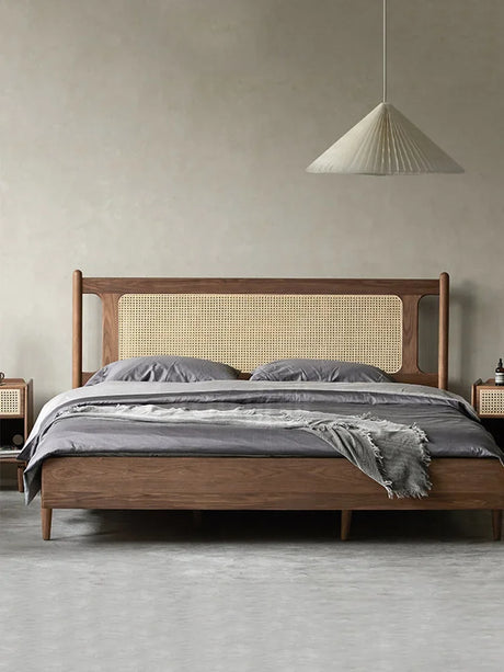Nisu Home Luxury Bed with Cane Headboard and Natural Wood Finish for Elegant Bedrooms