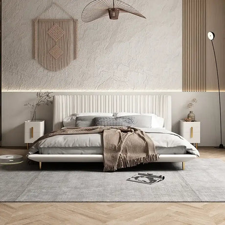 Elegant Nisu Home Luxury Bed with a Soft Grey Blanket and Stylish Headboard in a Modern Bedroom Setting