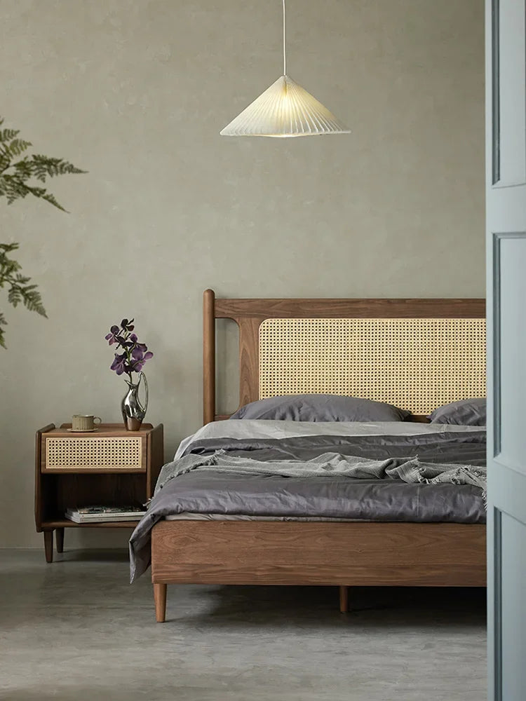 Nisu Home Luxury Bed with Rattan Headboard and Modern Design for Stylish Bedrooms