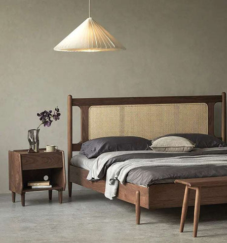 Elegant Nisu Home luxury bed with a wooden frame and stylish grey bedding in a modern bedroom
