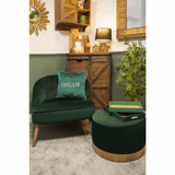 Widdop Luxury Chair in green velvet with matching round ottoman and decorative throw pillow