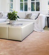 Elegant luxury rug in soft peach, enhancing a modern living room with natural light