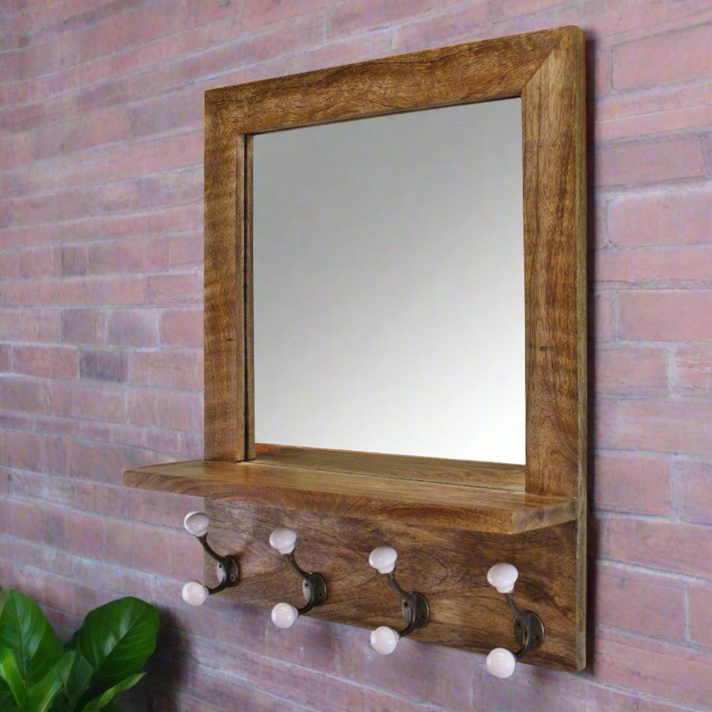 Mango Wood Shelf Unit With Mirror & 4 Double Coat Hooks Geko Products