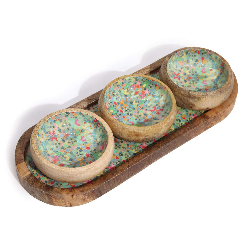 Mango Wood Tray with 3 Bowls - Mediterranean Tile pattern AW-Dropship