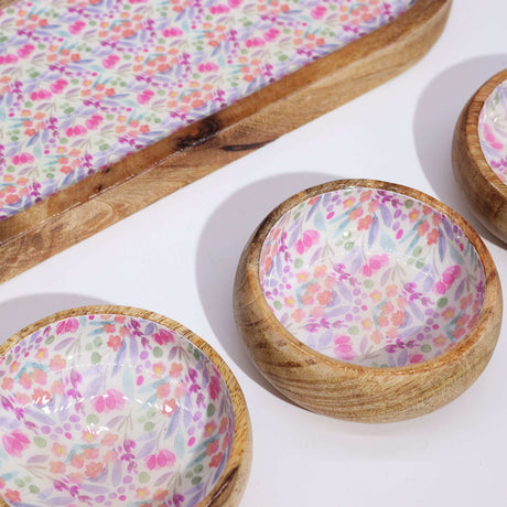 Mango Wood Tray with 3 Bowls - Pretty Floral Shades 4 Seasons