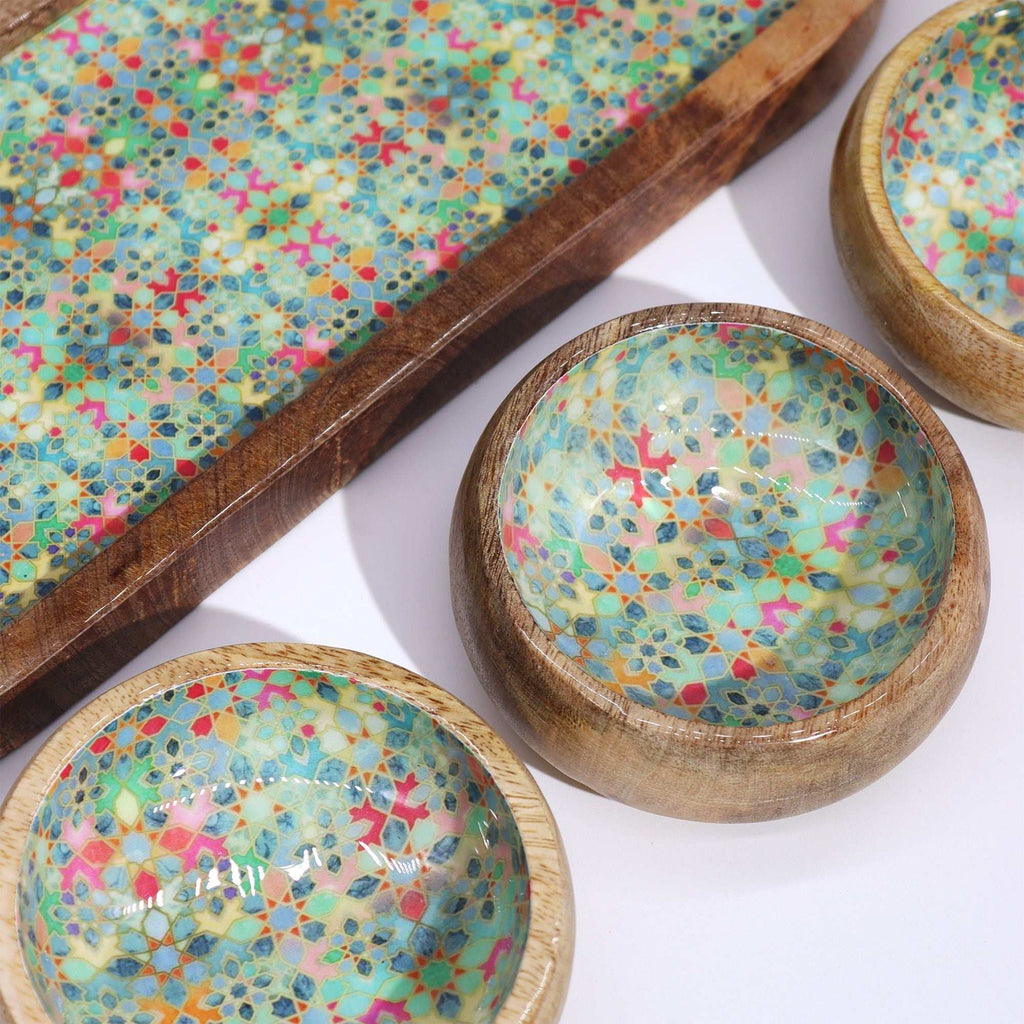 Mango Wood Tray with 3 Bowls - Mediterranean Tile pattern AW-Dropship