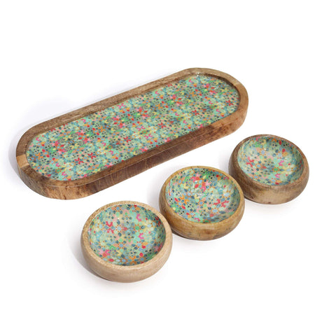 Mango Wood Tray with 3 Bowls - Mediterranean Tile pattern AW-Dropship