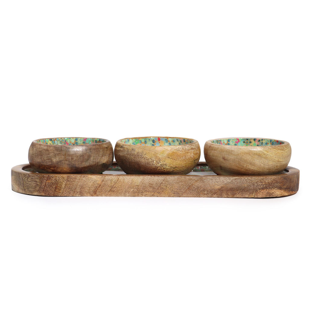 Mango Wood Tray with 3 Bowls - Mediterranean Tile pattern AW-Dropship