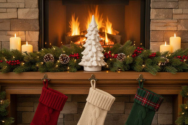 Elegant Snowy Tree decoration on a festive mantel adorned with candles and stockings