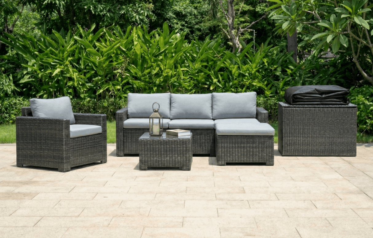 MINT Outdoor Garden Sofa Set in Rattan with Grey Cushions for Stylish Outdoor Relaxation