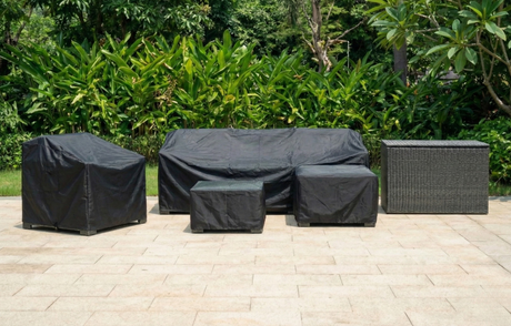 MINT Outdoor Garden Sofa Set covered with protective tarps in an outdoor setting