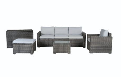 MINT Outdoor Garden Sofa Set with plush cushions and stylish grey wicker design for outdoor relaxation