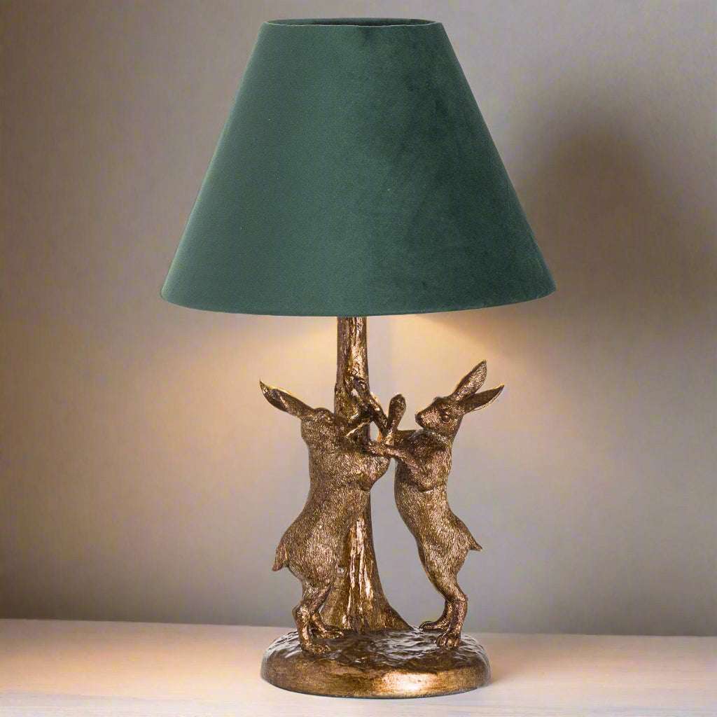 Antique Gold Marching Hares Lamp With Green Velvet Shade GOLD RESIN Shades 4 Seasons