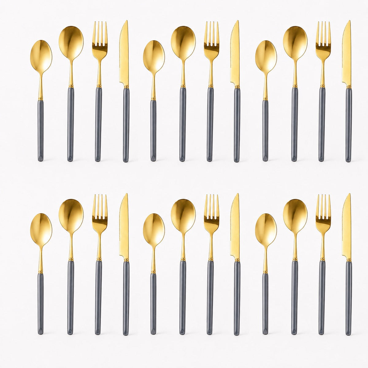 KitchBoom Cutlery Set with elegant gold finish and grey handles for stylish dining experiences.
