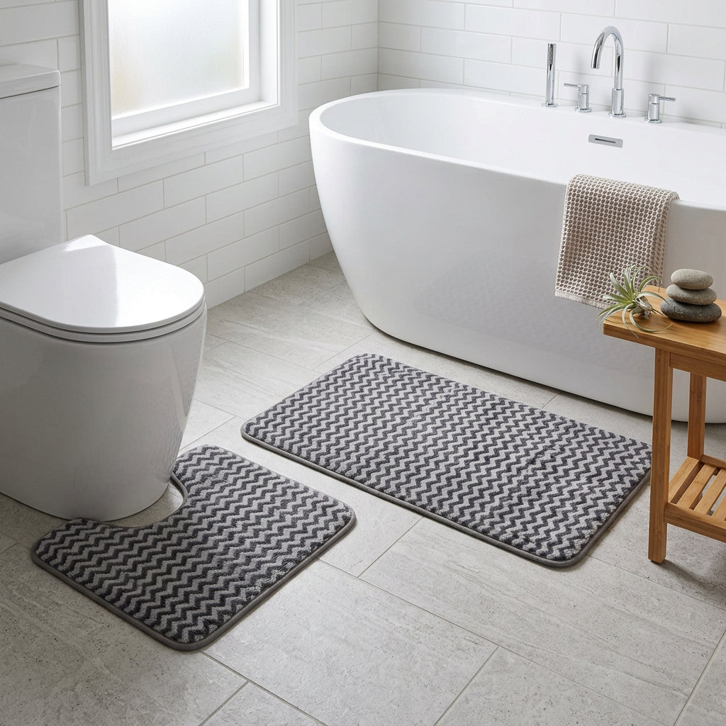 Orsina Mat Set in Grey Chevrons for Bathroom with Soft, Absorbent Texture and Non-Slip Backing