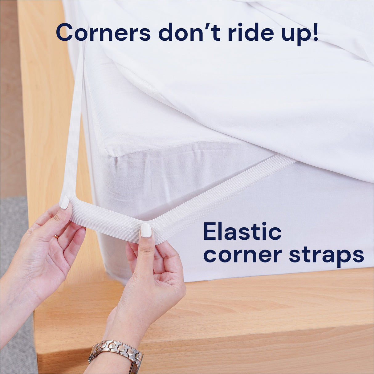 SHEET STORY Mattress Protector featuring elastic corner straps to prevent riding up during use