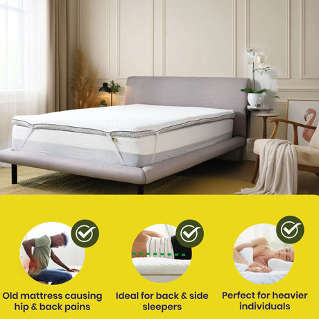 Brightr Sleep Mattress Topper providing comfort for back and side sleepers on a stylish bed
