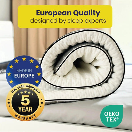 Brightr Sleep Mattress Topper rolled up, showcasing European quality design and five year warranty