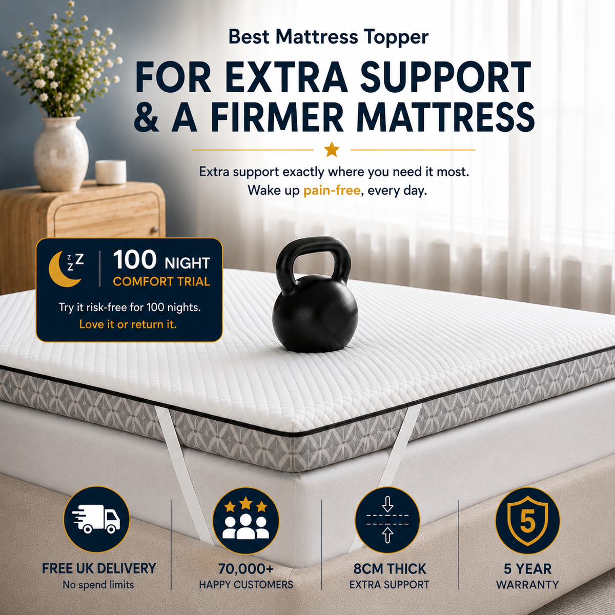 Brightr Sleep Mattress Topper for extra support and firmness with 100 night trial and 5 year warranty