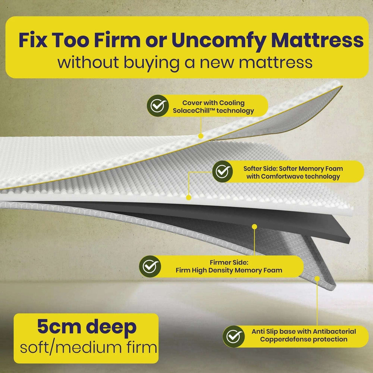 Brightr Sleep mattress topper with cooling cover and three foam layers for improved comfort and support