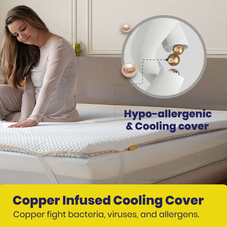 Brightr Sleep Mattress Topper with hypoallergenic copper infused cooling cover for ultimate comfort