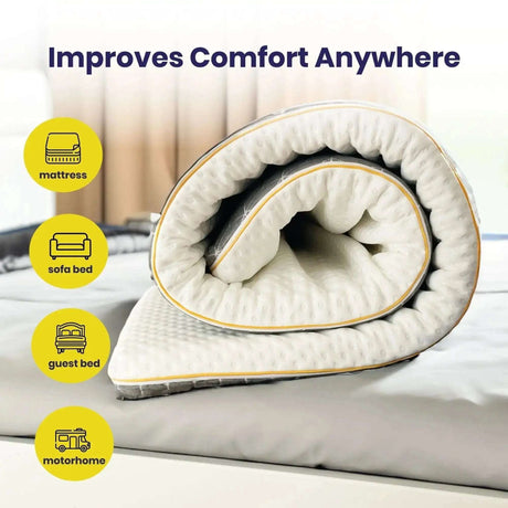 Brightr Sleep mattress topper rolled up, enhancing comfort for mattresses, sofa beds, and guest beds