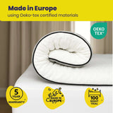 Brightr Sleep Mattress Topper rolled up, featuring Oeko-tex certified materials and 5 year warranty