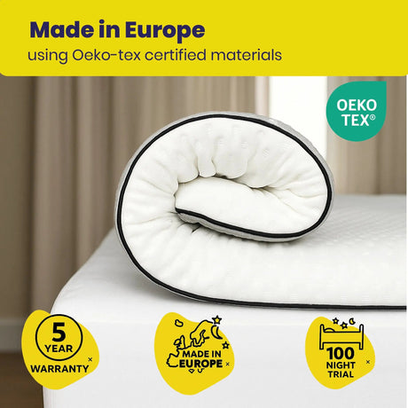 Brightr Sleep Mattress Topper rolled up, featuring Oeko-tex certified materials and 5 year warranty