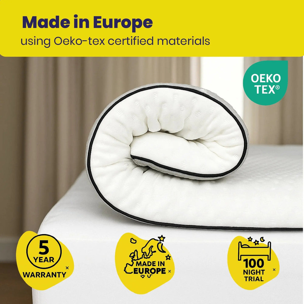 Brightr Sleep Mattress Topper made in Europe with Oeko-tex certified materials and 5-year warranty