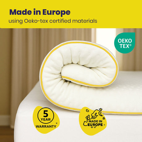 Brightr Sleep Mattress Topper rolled up, made in Europe with Oeko-Tex certified materials and a 5-year warranty
