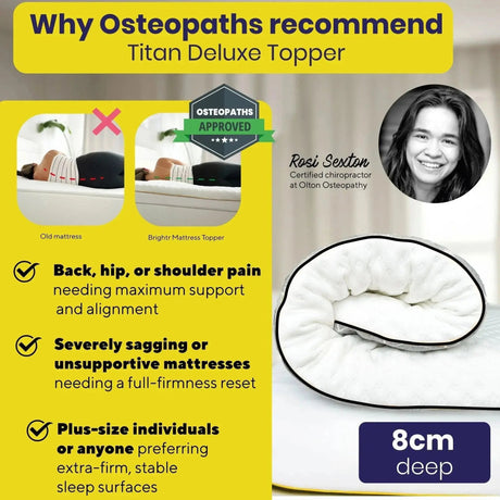 Brightr Sleep Titan Deluxe Mattress Topper 8cm deep, ideal for back pain and improved sleep quality