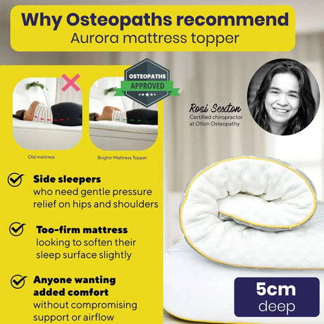 Brightr Sleep Aurora mattress topper designed for side sleepers with 5cm depth for enhanced comfort
