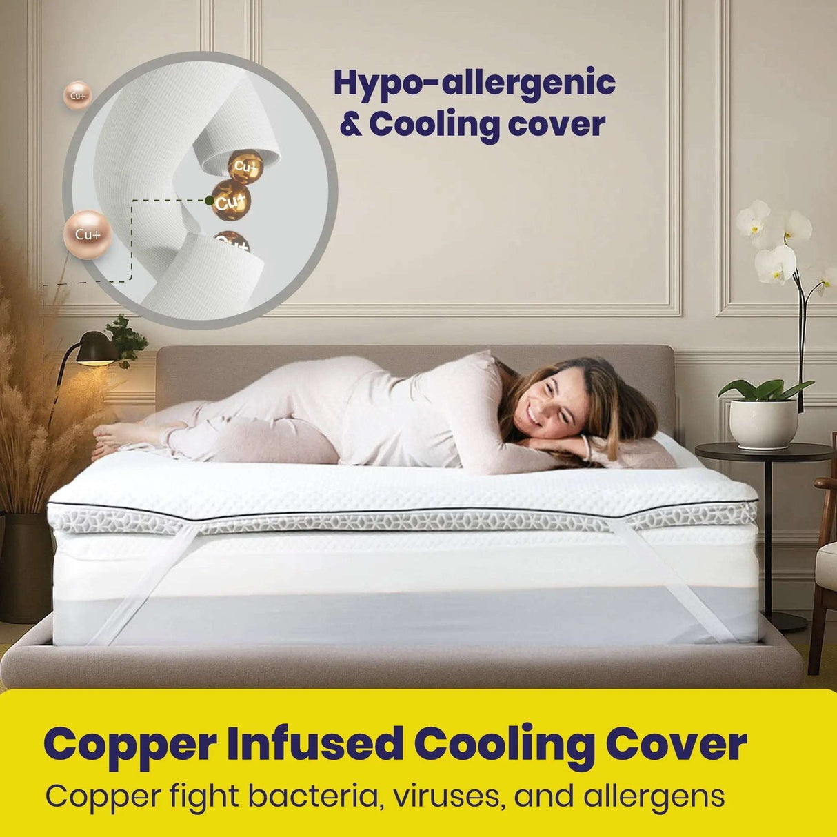Brightr Sleep mattress topper with copper infused cooling cover for hypoallergenic sleep comfort