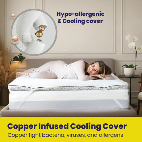 Brightr Sleep mattress topper with copper infused cooling cover for hypoallergenic sleep comfort