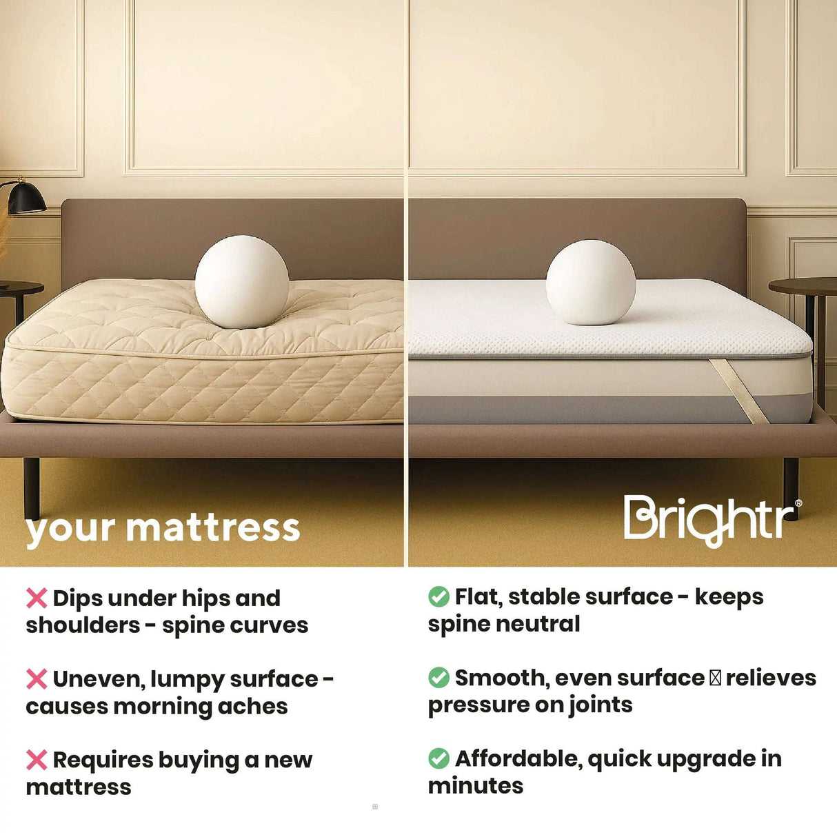 Brightr Sleep Mattress Topper for a flat, stable surface that keeps your spine neutral and relieves joint pressure